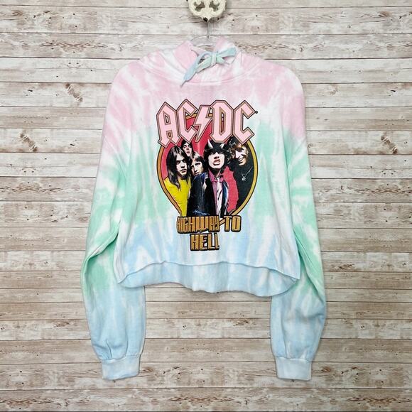 NWT AC/DC Graphic Band Crop Hoodie Tie Dye Festival Concert Boho Casual Size L - Picture 3 of 7